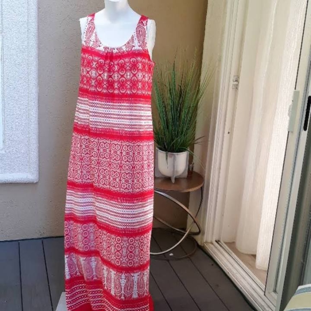 GNW Red and White Patterned Long Maxi Sun Dress